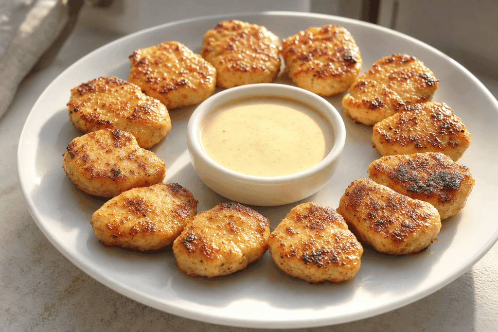 Photorealistic close-up of a clean white plate with exactly twelve perfectly grilled chicken nuggets arranged neatly in a circle, their golden-brown seared edges glistening, with a small cup of light dipping sauce in the center; the scene is bathed in warm, soft natural sunlight from one side, creating a fresh, inviting, and healthy atmosphere. The background is softly blurred, featuring subtle hints of a modern kitchen environment. No characters, text, or humans in the image.