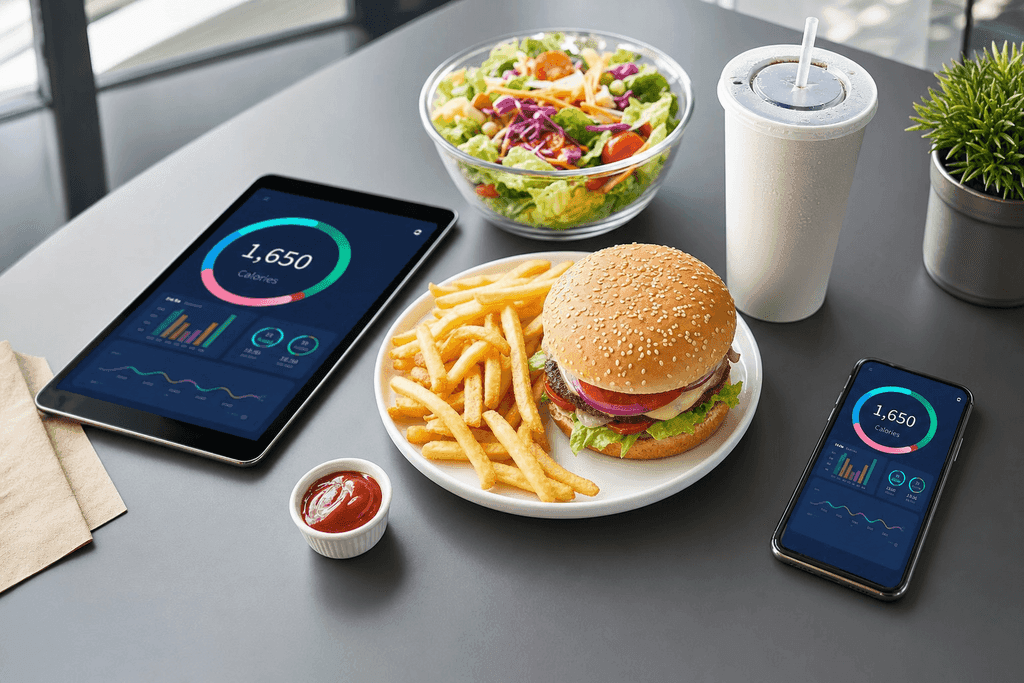 A photorealistic overhead view of a vibrant fast food meal spread on a sleek modern table, including a burger with sesame bun, golden crispy fries, a colorful salad, and a soft drink cup, surrounded by a digital tablet and smartphone displaying bright, glowing calorie counter app interfaces with charts and icons. The scene is lit by soft, inviting daylight, with a clean, organized composition and a fresh, motivating atmosphere. No characters, text, or humans.