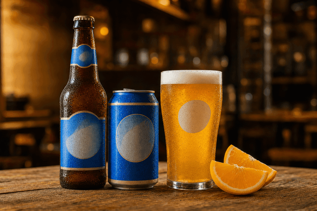A photorealistic image of a chilled Blue Moon beer bottle, a can, and a pint glass filled with golden beer, arranged on a rustic wooden table with soft condensation droplets visible. The background is a softly blurred bar setting with warm, inviting lighting and a mellow, relaxed atmosphere. Natural light glows on the glass and bottle, highlighting the clarity and color of the beer. Orange slices rest beside the glass for a fresh, zesty accent. No text, characters, or humans are present.