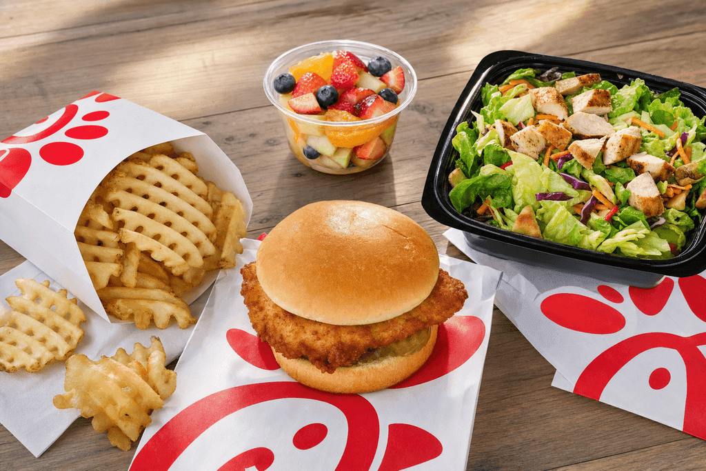 A photorealistic close-up of a variety of colorful Chick-fil-A menu items—crispy chicken sandwich, waffle fries, fresh side salad, and a small cup of fruit—artfully arranged on a rustic wooden table under natural daylight. The food is neatly presented on Chick-fil-A-branded packaging. The atmosphere is fresh and inviting, with soft, bright light highlighting the textures and colors of each item. No characters, text, or humans are in the image.