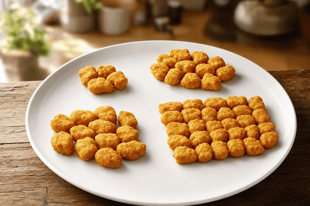 A photorealistic close-up of a clean, white plate artfully arranged with small groups of golden, crispy chicken nuggets—one group of 5, one of 8, one of 12, and one of 30—each neatly separated on the plate, set against a softly blurred warm kitchen background. The plate is set on a rustic wooden table with gentle natural sunlight casting appetizing highlights and subtle shadows, creating a cozy, inviting, and mouthwatering atmosphere. No characters, text, or humans are in the image.