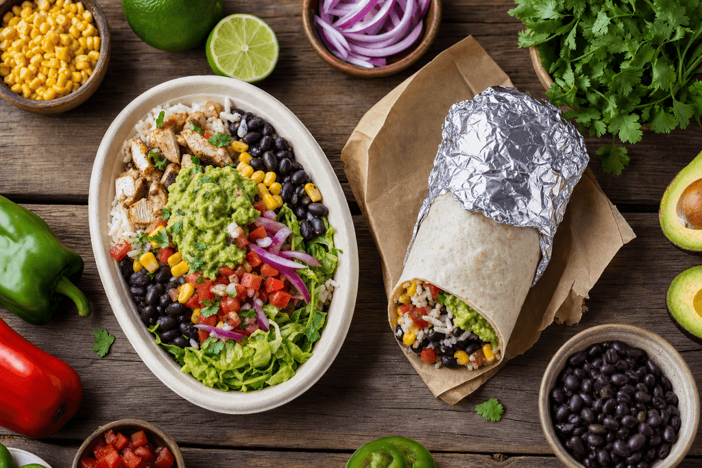 A photorealistic overhead view of a vibrant Chipotle-style burrito bowl and a wrapped burrito placed side by side on a textured wooden table, surrounded by fresh ingredients like sliced avocados, lime wedges, cilantro, corn, black beans, and colorful peppers. Soft natural lighting creates a fresh, inviting atmosphere with a sense of anticipation, and there are no characters, text, or humans present.