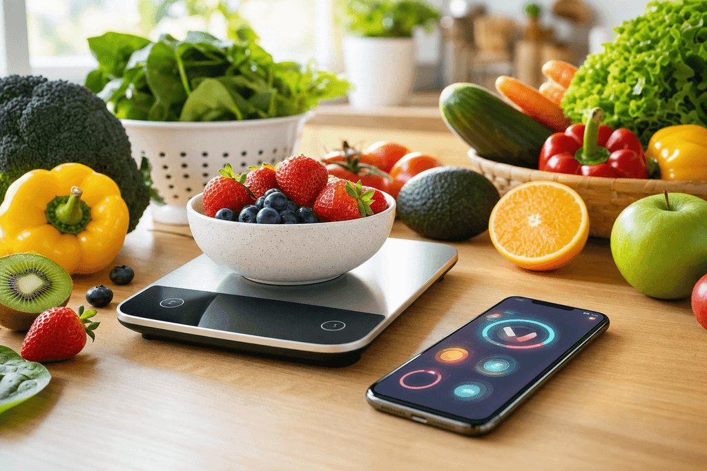 A photorealistic image of a modern digital kitchen scale surrounded by colorful, fresh fruits and vegetables, with a sleek smartphone displaying an abstract, glowing calorie-tracking app interface on the screen (no actual text or numbers), arranged on a clean wooden countertop. The scene is bathed in soft, natural morning light, creating a vibrant, optimistic, and motivating atmosphere. No characters, text, or humans are in the image.